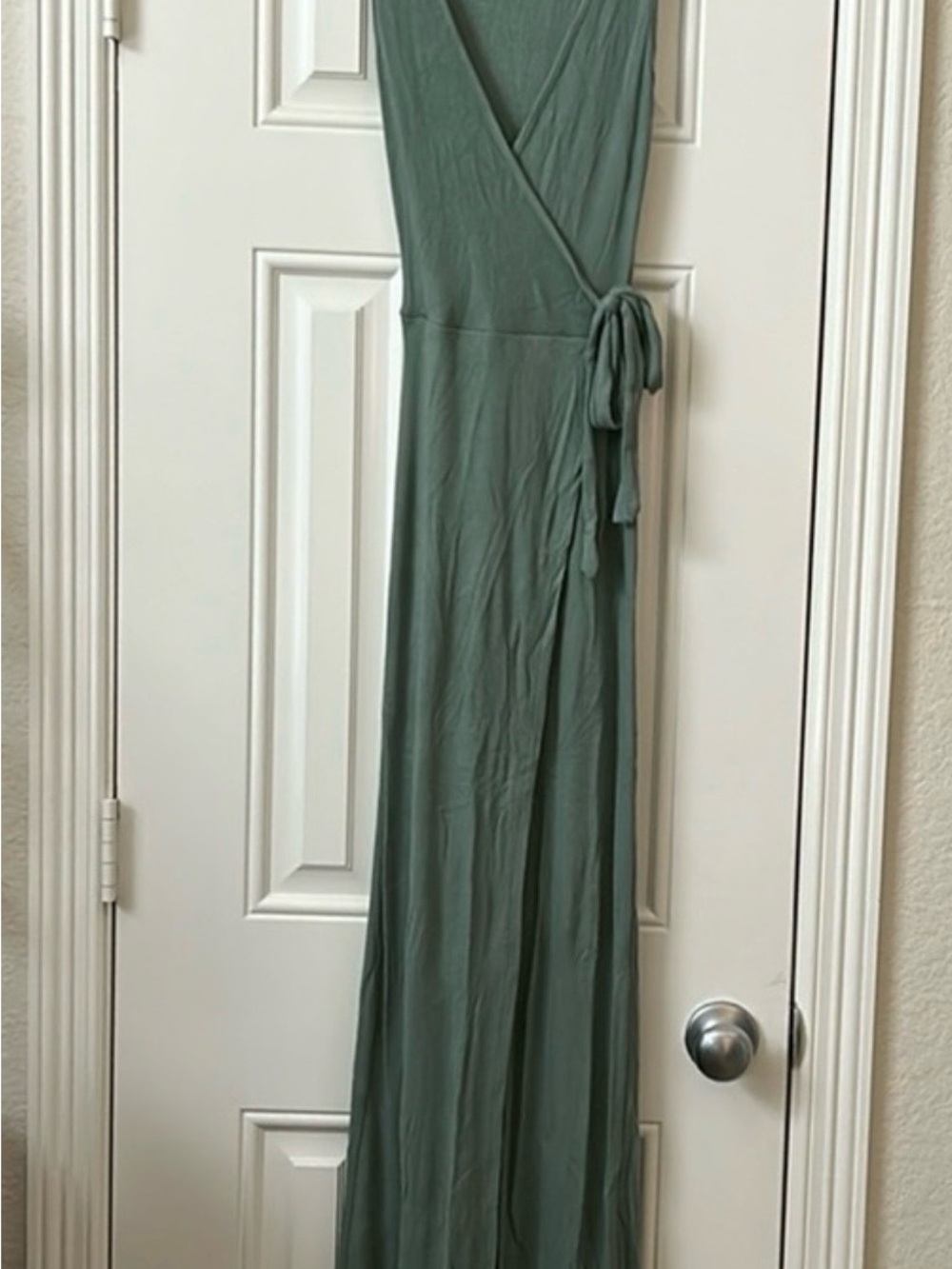 See You Monday Ribbed V-Neck Wrap Maxi Dress in Sage